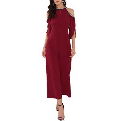 INSPIRE CHIC Women's Halter Sequin Cold Shoulder Split Sleeve Cocktail Wide Leg Jumpsuits