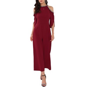 INSPIRE CHIC Women's Halter Sequin Cold Shoulder Split Sleeve Cocktail Wide Leg Jumpsuits - 1 of 4