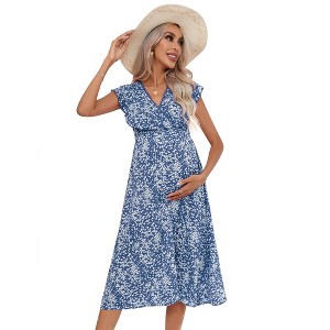 Women's Lace V Neck Ruffle Sleeve Maternity Wrap Dress Summer Casual High Waisted Floral Flowy Maxi Dress for Baby Shower Photoshoot Dark Blue S - 1 of 4