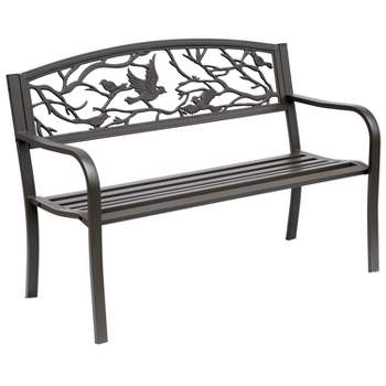 Outsunny 50" Vintage Animal Pattern Garden Cast Iron Patio Bench, Outdoor Furniture Loveseat Chair with Backrest and Armrest for Yard, Lawn, Brown