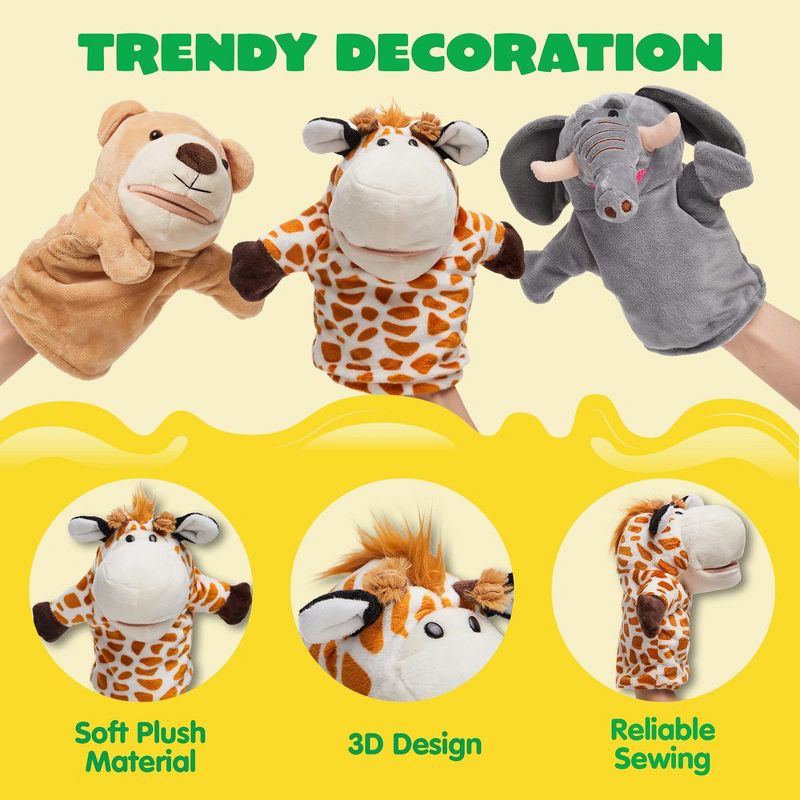Syncfun 6Pcs Animal Friends Kids Hand Puppets 9x8in Toddler Animal Plush Toy Elephant, Giraffe, Lion, Bear, Raccoon Birthday Gifts, 2 of 7