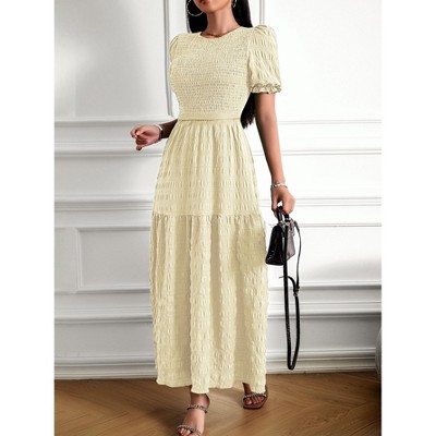 Women's Summer Crew Neck Short Sleeve Smocked Midi Dress Casual Elastic Waist Tiered A Line Flowy Maxi Dress