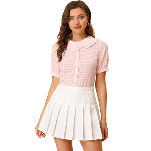 Allegra K Women's Peter Pan Collar Contrast Color Trim Gingham Button Up Shirt  Pink Large : Target