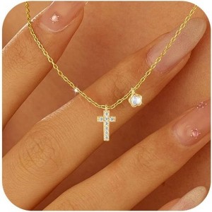 Clotth 925 Sterling Silver Dainty Cross Flower Necklace for Women 14K Gold Plated Cubic zirconia Cross Pendant Necklace Simple Floral Chain Gift,Gold - 1 of 4