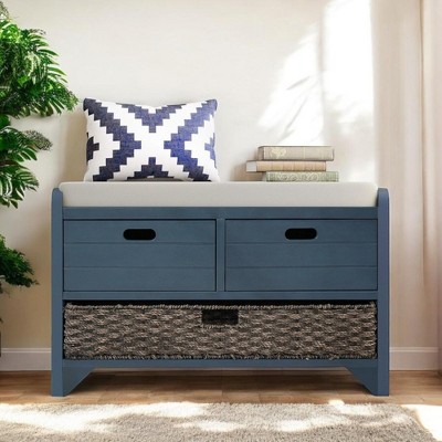 Alilang32.00 inches Wooden Storage Bench with Cushioned Seat and Woven Basket Drawer-Navy