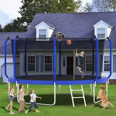 GDFStudio Mandel Outdoor/Indoor Steel Ladder Round Trampoline with Enclosure and Basketball Hoop