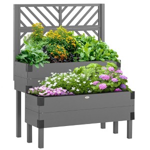 Lirago 2-Tier Gray Wooden Raised Garden Bed with Trellis and Metal Reinforcements for Vegetables or Flowers 25.5"Dx42.5"Wx55"H - 1 of 4