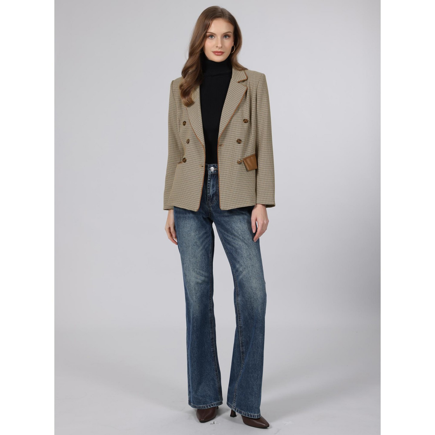 Женский пиджак INSPIRE CHIC Long Sleeve Notched Lapel Plaid Casual Double Breasted Houndstooth Casual Business Blazer Medium Light Brown, цвет: Светлый коричневый — фото 2