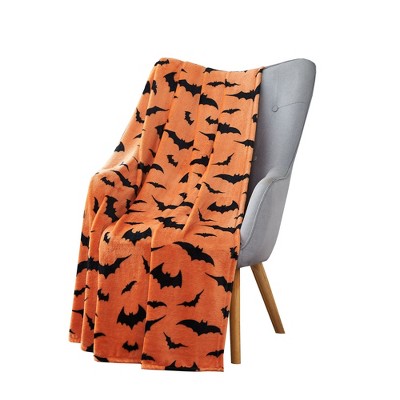 Rustic Orange and Black Halloween Bat Fleece Throw Blanket