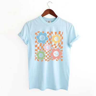 Simply Sage Market Women's Checkered Flowers and Smiley Short Sleeve Garment Dyed Tee