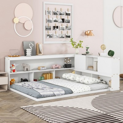 Full Size Floor Daybed with L-Shaped Bookcases and Sliding Doors, Pine Wood Platform Bed Frame without Slats, Storage Bed -ModernLuxe