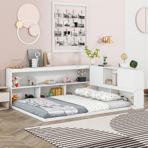 Full Size Floor Daybed with L-Shaped Bookcases and Sliding Doors, Pine Wood Platform Bed Frame without Slats, Storage Bed -ModernLuxe - 1 of 4