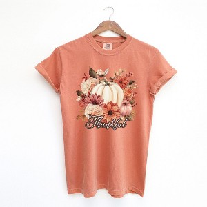 Simply Sage Market Women's Thankful Pumpkin Floral Short Sleeve Garment Dyed Tee - 1 of 4