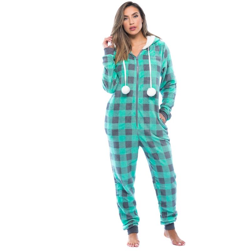 Just Love Womens One Piece Buffalo Plaid Adult Onesie Faux Sherling Lined Hoody Pajamas, 4 of 5