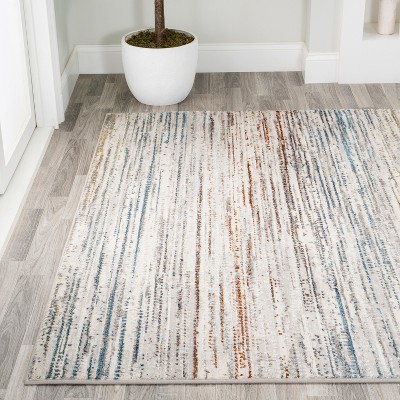 Gray and Blue Striped Synthetic Reversible Area Rug