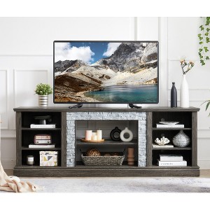 TV Stand For TVs Up To 79 Inches, Faux Stacked Stone Surround Media Console Table, Farmhouse Wooden Entertainment Center TV Console Cabinet W/Shelves - 1 of 4