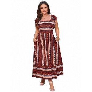 Women's Boho Square Neck Maxi Dress - Flutter Sleeve Striped Print Flowy Midi Dress with Pockets - 1 of 2