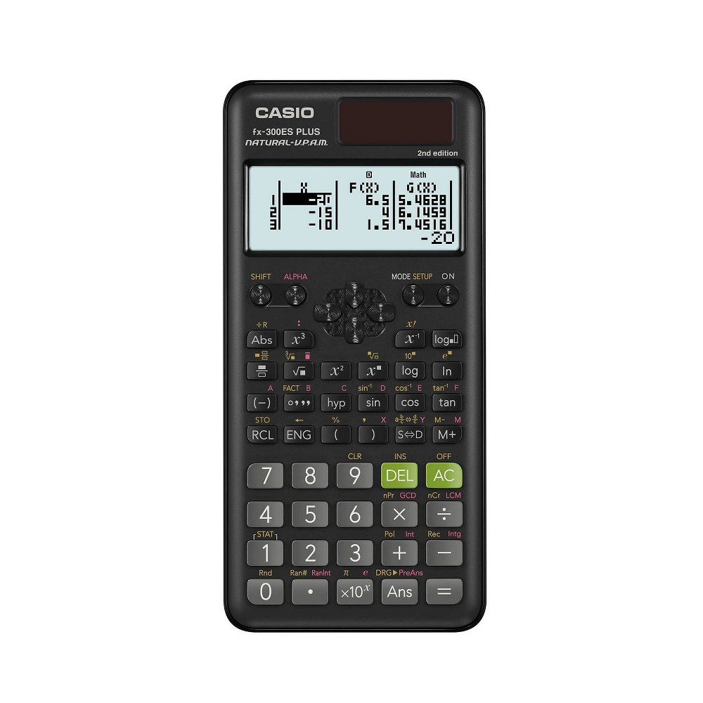 Casio FX-300 Scientific Calculator - Black Casio FX-300ESPLS2-S 2nd Edition Scientific Calculator with sleek new design and slide on hard case with Natural Textbook Display and improved math functionality. 262 Built-in Math Functions:, including basic and advanced scientific, exponential and trigonometric, fractions, regression analysis and more. It has been designed as the perfect choice for middle school through high school students learning General Math, Trigonometry, Statistics, Algebra I and II, Pre-Algebra, Geometry, Physics. Entry Logic: V.P.A.M. operating system. Solar power with battery back-up. Dimensions: W 3 1/8 x L 6 3/8 x H 1/2 inches 3.7 oz. Color Black. Color: One Color.