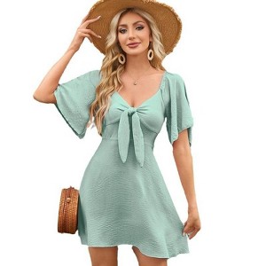 Coolmee Women's Summer Dress Deep V Neck Flared Sleeve Elegant Bow Flowy Casual Holiday Mini Dress - 1 of 4