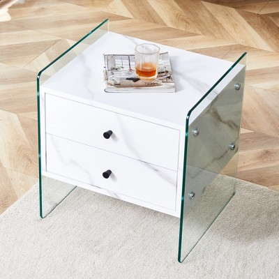 TIRAMISUBEST Double Drawer Nightstand with Tempered Glass