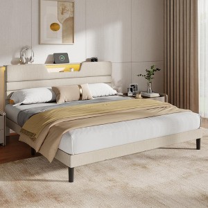 King Size Bed Frames with Upholstered Headboard Modern Platform Bed with Charging Station and Led Lights Bed Frame with Sturdy Wooden Slats Beige - 1 of 4