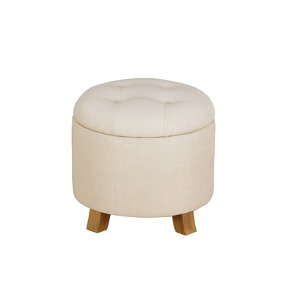 Pinmoco 17.5" Round Tufted Storage Ottoman, Faux Linen Footrest Stool with Removable Lid