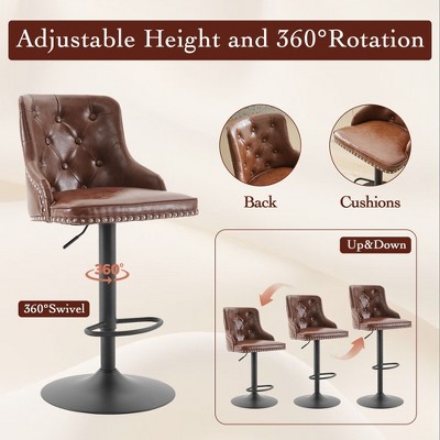 Adjustable Brown Faux Leather Swivel Bar Stools with Nailhead Trim, Set of 2