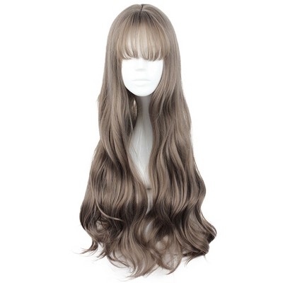 Unique Bargains Women's Curly Wigs 28" Brown with Wig Cap Long Hair With Bangs