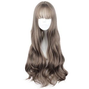 Unique Bargains Women's Curly Wigs 28" Brown with Wig Cap Long Hair With Bangs - 1 of 4