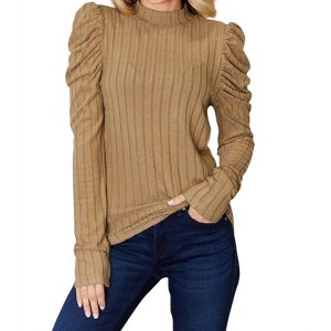 Women's Ribbed Mock Neck Top With Puff Sleeves - Basic Bae - 1 of 4