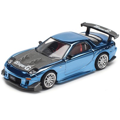 Mazda RX-7 RE-Amemiya Widebody RHD (Right Hand Drive) Blue Chrome with Carbon Hood 1/64 Diecast Model Car by Pop Race