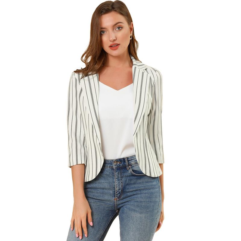 Allegra K Women's Striped 3/4 Sleeves Open Front Casual Notched Lapel Blazer, 1 of 8