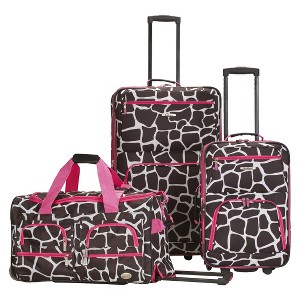Rockland Spectra 3pc .Expandable Rolling Luggage Set - Pink Giraffe, Brown/Pink