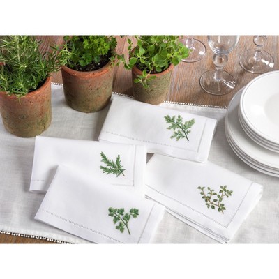 White Cotton Napkins with Embroidered Rosemary Design, Set of 6