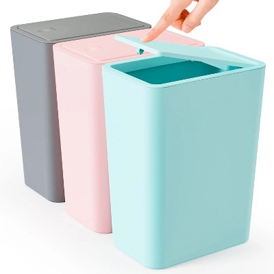 LunaLulinlk 3 Pack 10 Liter Small Lid Trash Can Plastic Trash Can, 2.6 Gallon Slim Trash Can Wastepaper Basket with Pop-Up Lid, Pink,Blue,Gray
