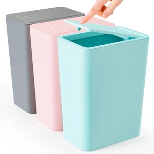LunaLulinlk 3 Pack 10 Liter Small Lid Trash Can Plastic Trash Can, 2.6 Gallon Slim Trash Can Wastepaper Basket with Pop-Up Lid, Pink,Blue,Gray - 1 of 4
