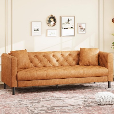 81'' Mid Century Leather Couch for Living Room, 3-Seater Button Tufted Sofa with Deep Seat and 2 Pillows