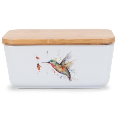 Nat & Jules Dean Crouser Hummingbird Watercolor White 6.5 x 4 Ceramic and Bamboo Butter Dish