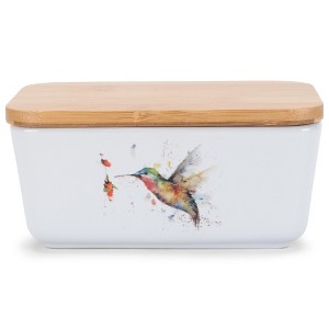 Nat & Jules Dean Crouser Hummingbird Watercolor White 6.5 x 4 Ceramic and Bamboo Butter Dish - 1 of 4