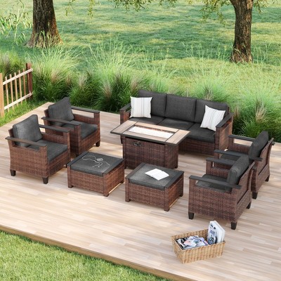 Sonkuki 8 Pieces Patio Sofa with Rectangle Fire Pit Table and Ottomans, Patio Conversation Couch with Cushion