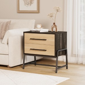 Drawers, Light Wood Bedside Table with Metal Legs, 2 Drawer Sofa Side Table, Rustic Storage Cabinet - 1 of 4