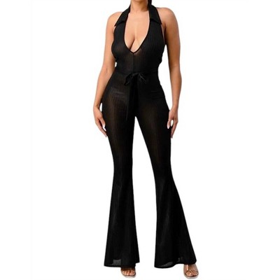 Women's Lurex Rib Deep V-Line Disco Jumpsuit - Aced It