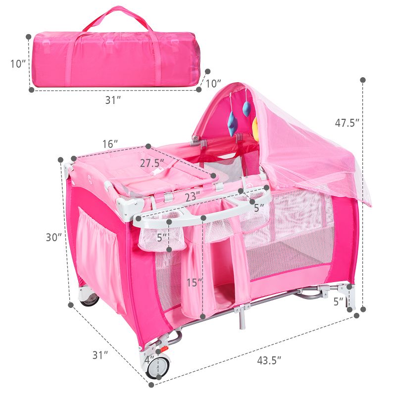 Costway Foldable Baby Crib Playpen Travel Infant Flat Bassinet Bed Mosquito Net Music with Bag Blue/Pink, 4 of 11