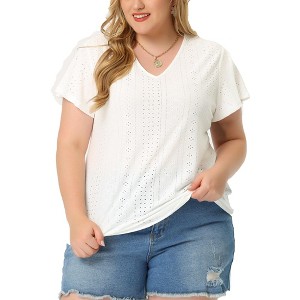 Agnes Orinda Women's Plus Size V Neck Eyelet Short Sleeve Casual Trendy Blouses - 1 of 4