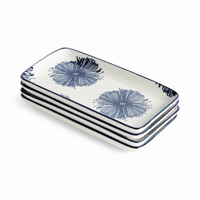 Plum & Post Stria Starburst 8" Trays, Set of 4 - Dark Blue/White Ceramic