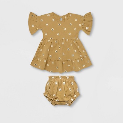 Image of Q by Quincy Mae Baby Girls' 2pc Floral Brushed Jersey Dress - Honey/White 3-6M