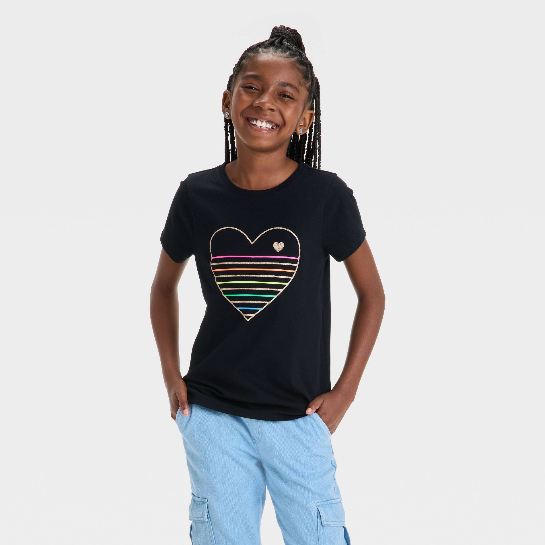 Girls' Short Sleeve Heart Graphic T-Shirt - Cat & Jack™ Black M: Crew Neck, Below Hip Length