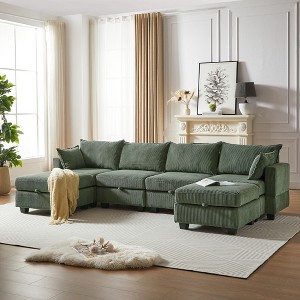 113.5'' Modular U-Shaped Corduroy Sectional Sofa with Storage Ottoman, 6-Seat Convertible Couch Bed with Storage Seat for Living Room - 1 of 4