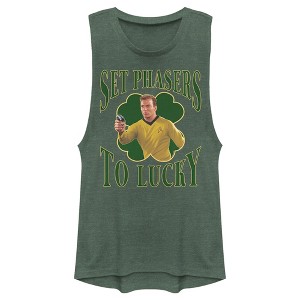 Juniors Womens Star Trek: The Original Series St. Patrick's Day Captain Kirk Set Phasers to Lucky Festival Muscle Tee - 1 of 4