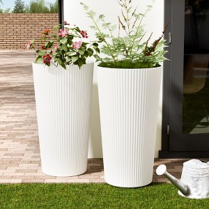 AZL1 Life Concept Planters City Flora Stylish 2Pcs Ribbed Plastic Tall Planters Ideal for Contemporary Design Fans and Gardeners, White, 13"*13"*23.6" - 1 of 4